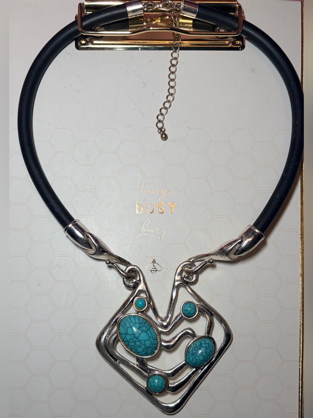Turquoise Accent Black Necklace with Silver-Tone Pendant
